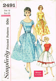 Simplicity 2491: 1950s Easy Misses Party Dress Sz 32 Bust Vintage Sewing Pattern