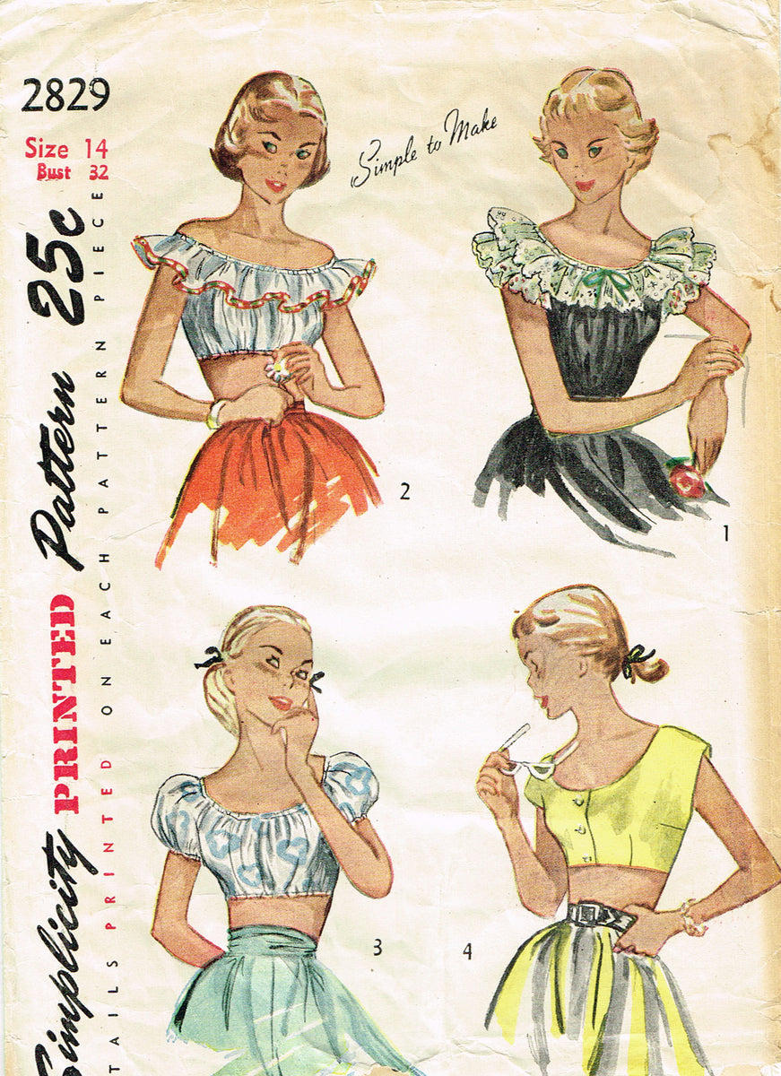 Simplicity 2829: 1940s Misses Bare Midriff Top 32B VTG Sewing Pattern ...