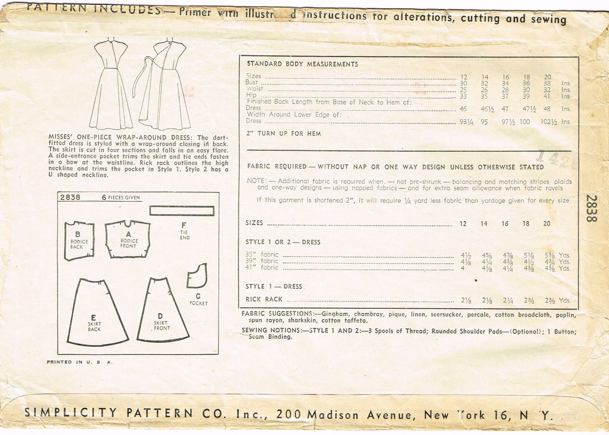 Simplicity 2840: 1940s Misses Dress Size 30B Vintage Sewing Pattern ...