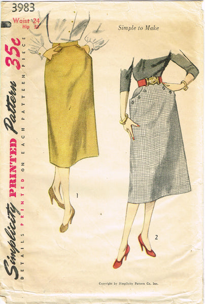 1950s Vintage Simplicity Sewing Pattern 3983 Uncut Easy Misses Skirt 24 Waist