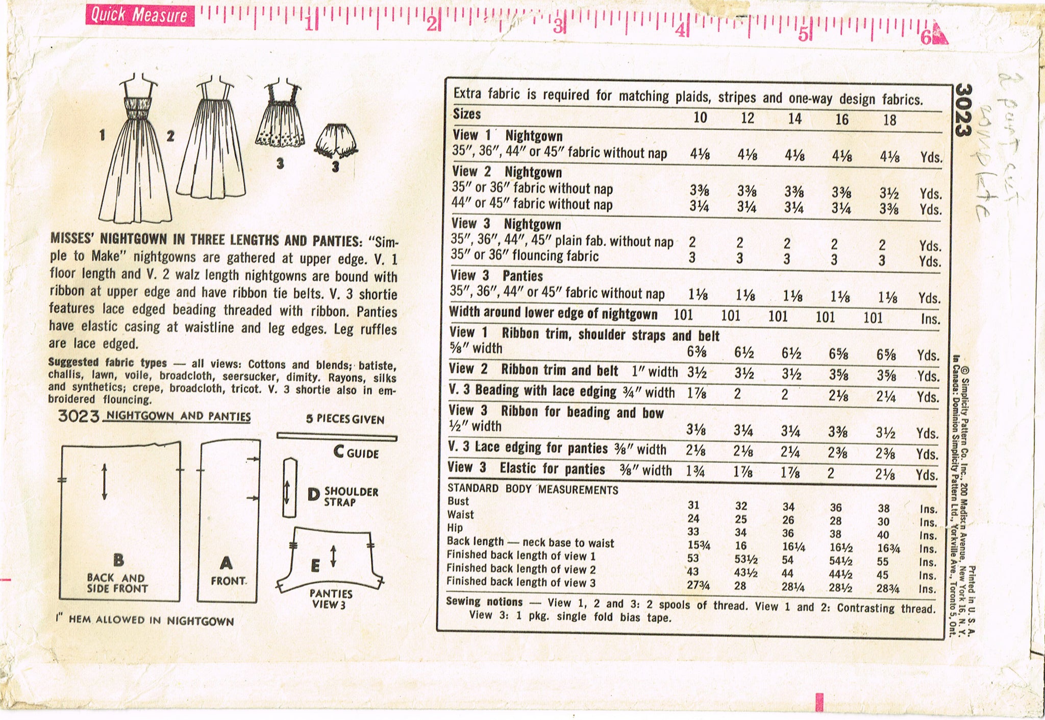 Simplicity 3023: 1950s Easy Misses Nightgown Set Sz 34 B Vintage Sewin –  Vintage4me2