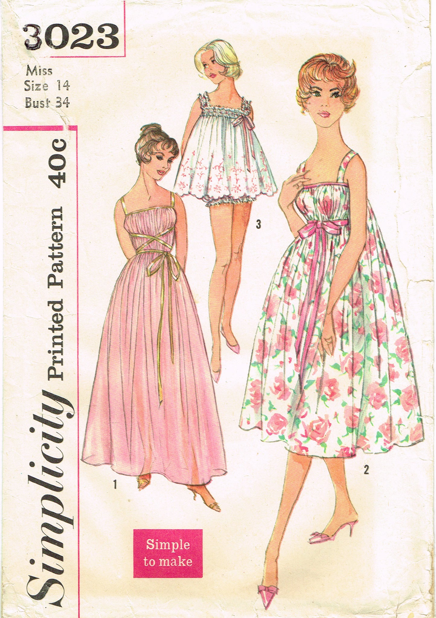Simplicity 3023: 1950s Easy Misses Nightgown Set Sz 34 B Vintage