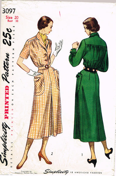 Simplicity 3097: 1940s Uncut Misses Shirtwaist Dress 38 B Vintage Sewing Pattern