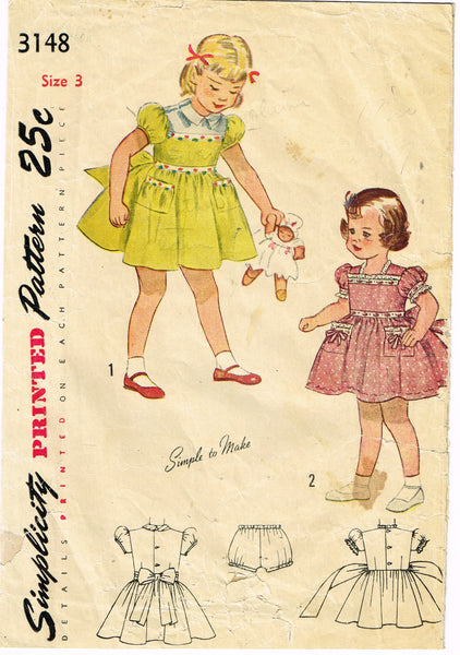 Simplicity 3148: 1940s Cute Toddler Girls Dress Size 3 Vintage Sewing Pattern