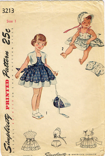 1940s Vintage Simplicity Sewing Pattern 3213 Cute Toddler Girls Sun Dress & Bonnet