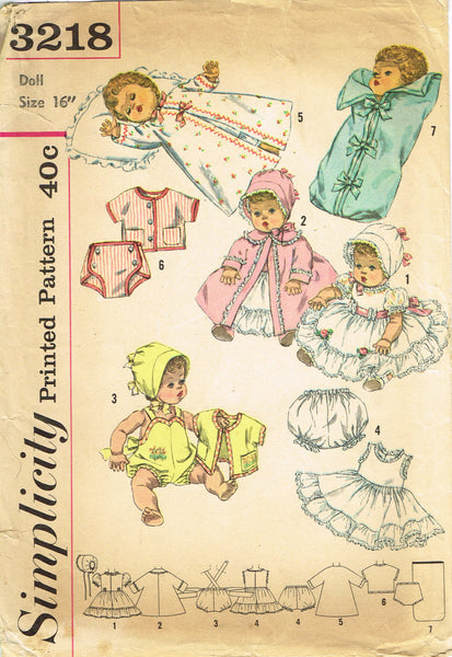 1960s Vintage Simplicity Sewing Pattern 3218 16 Inch Baby Doll Clothes Set