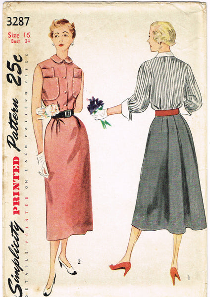 Simplicity 3287: 1950s Uncut Misses Street Dress Sz 34 B Vintage Sewing Pattern