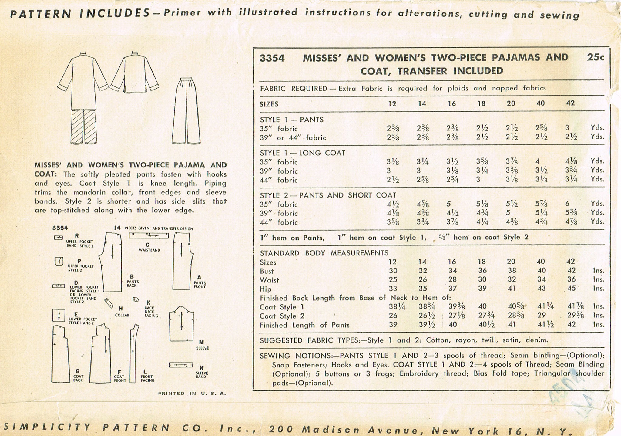 1950s CUTE Asian Design Pajamas and Robe Pattern SIMPLICITY