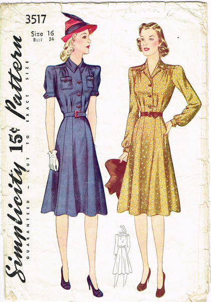 Simplicity 3517: 1940s Misses WWII Shirtwaist Dress 34 B Vintage Sewing Pattern