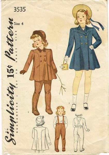 Simplicity 3535: 1930s Toddler Girls Coat and Hat Size 4 Vintage Sewing Pattern