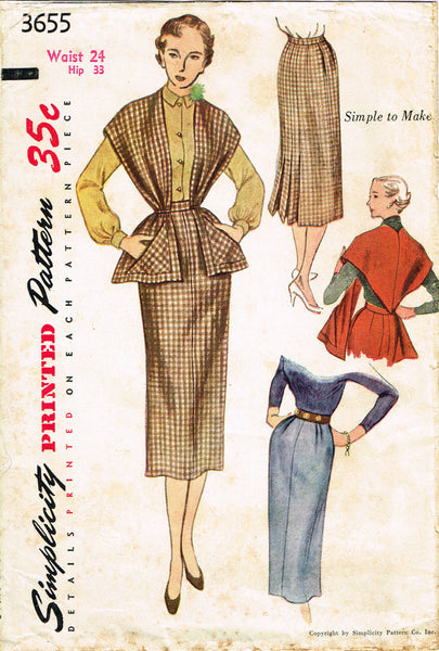 Simplicity 3655: 1950s Misses Skirt & Shawl Sz 24 Waist Vintage Sewing Pattern