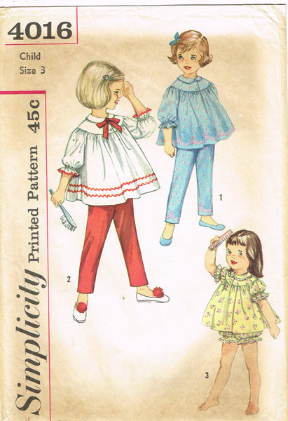 Simplicity 4016: 1960s Toddler Girls Shortie Pajamas Vintage Sewing Pattern