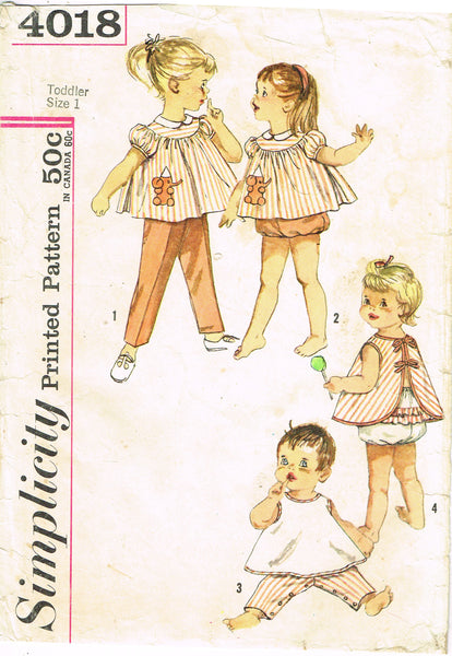 1960s Vintage Simplicity Sewing Pattern 4018 Baby Girls Play Clothes Set 