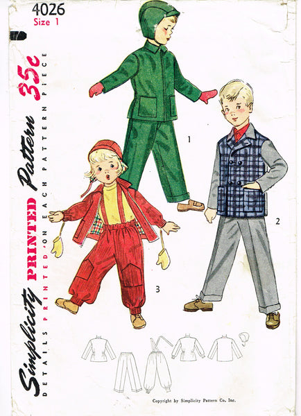 1950s Vintage Simplicity Sewing Pattern 4026 Classic Toddler Boys Snow Suit