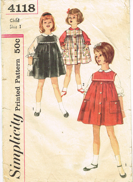 1960s Vintage Simplicity Sewing Pattern 4118 Cute Toddler Girls Jumper Dress