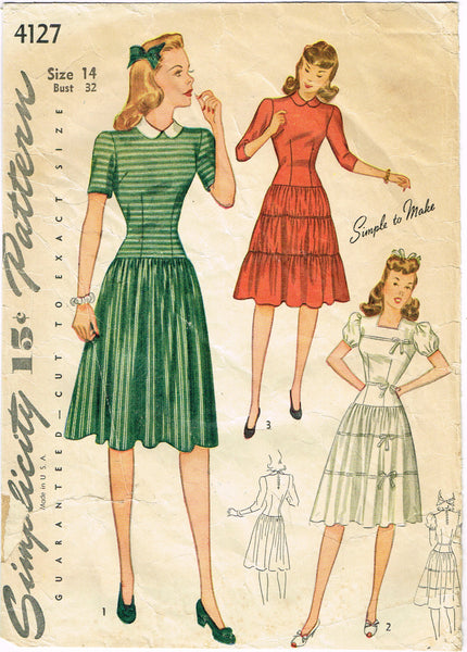 Simplicity 4127: 1940s Easy Misses WWII Dress Size 32 B Vintage Sewing Pattern