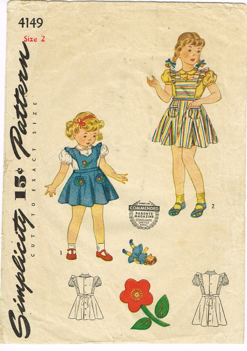 Simplicity 4149: 1940s Cute Baby Girls Jumper Dress Sz 2 Vintage Sewin ...