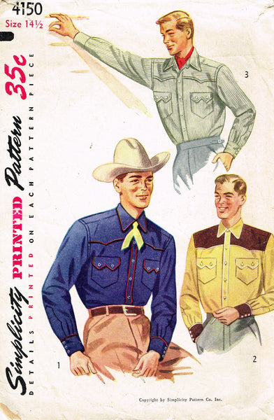 1950s Vintage Simplicity Sewing Pattern 4150 Men's Western Shirt Size 36 Chest