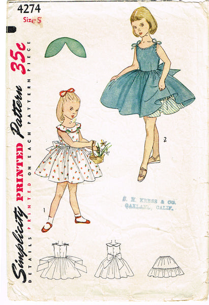 1950s Vintage Simplicity Pattern 4274 Toddler Girls Sun Dress & Petticoat Sz5