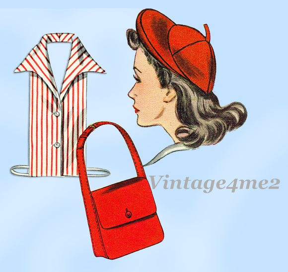 Simplicity 4360: 1940s Uncut WWII Hat Purse Dickey Sz MED Vintage Sewing Pattern