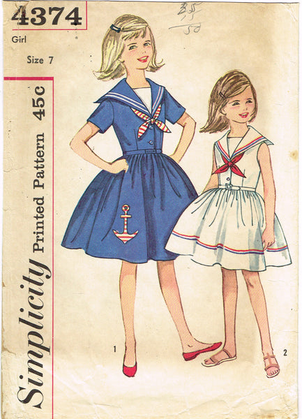 Simplicity 4374: 1960s Cute Little Girls Sailor Dress Vintage Sewing Pattern