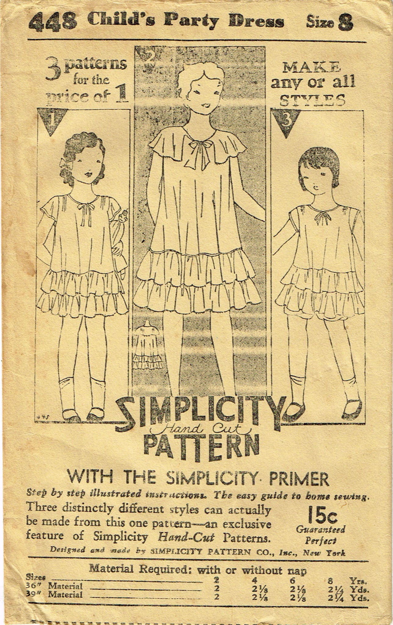 Simplicity 448: 1930s Uncut Girls Dress Sz 8 Vintage Sewing Pattern ...