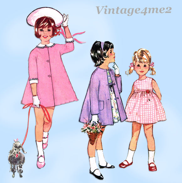 Simplicity 5374: 1960s Toddler Girls Dress & Coat Size 3 Vintage Sewing Pattern