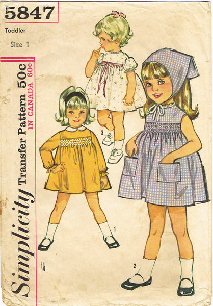Simplicity 5847: 1960s Sweet Baby Girls Smocked Dress Vintage Sewing Pattern