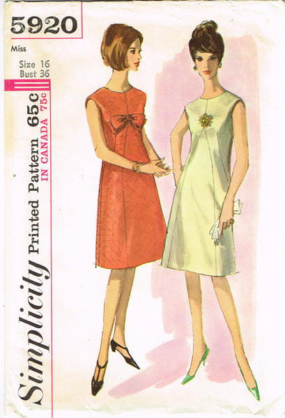 Simplicity 5920: 1960s Uncut Misses A-Line Dress Sz 36 B Vintage Sewing Pattern