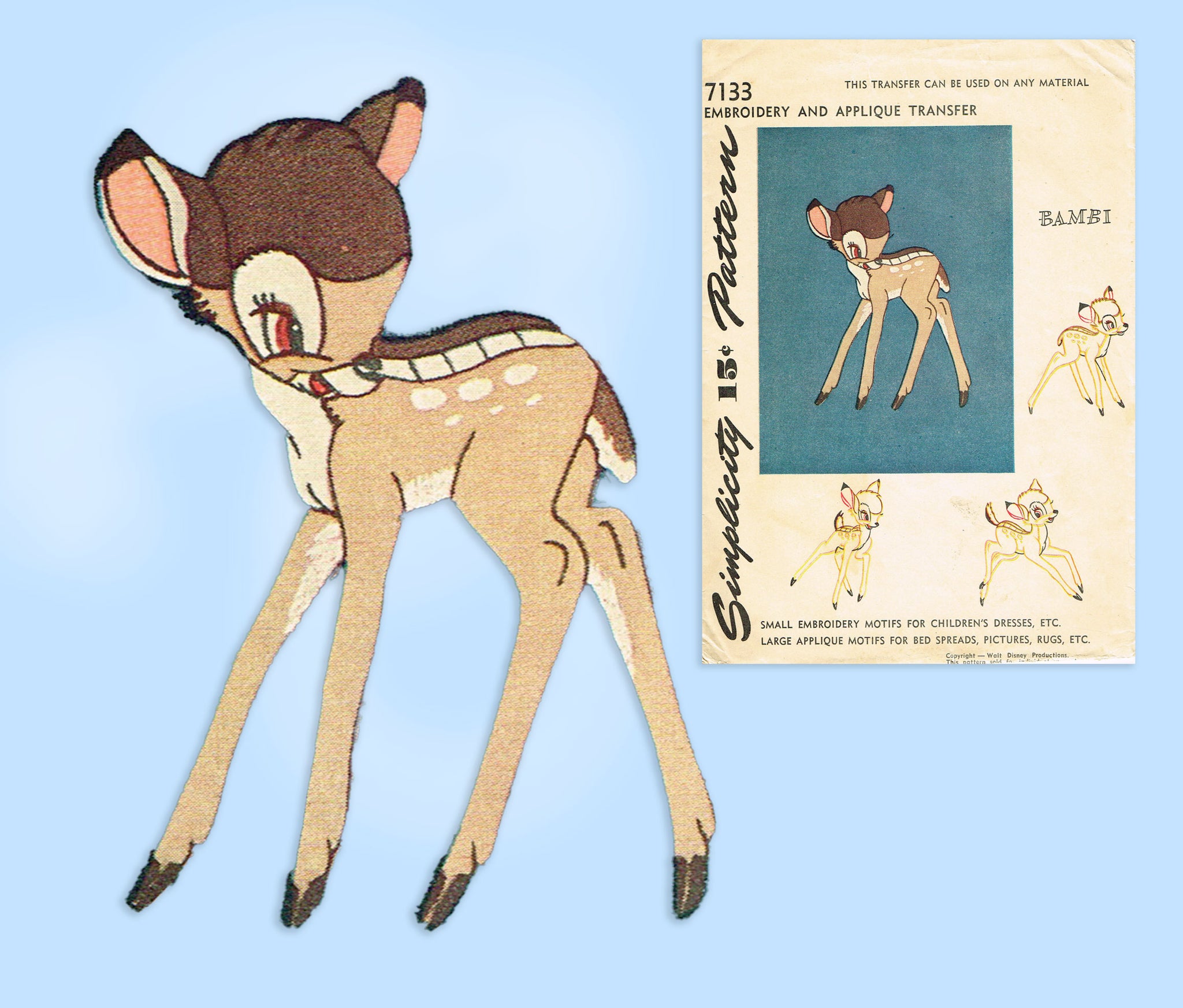 1940s Vintage Simplicity Transfer Pattern 7133 Disney Uncut Bambi