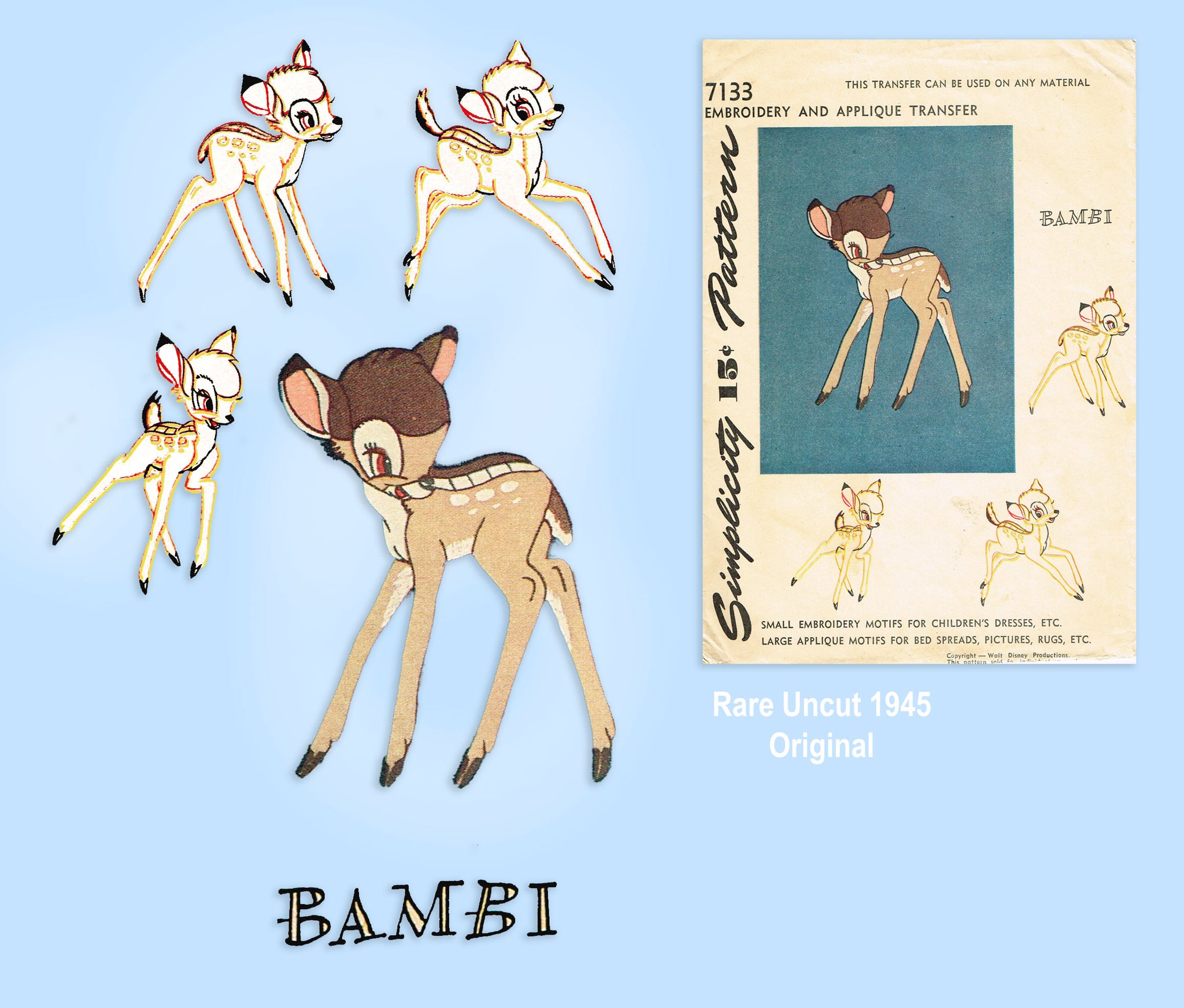 1940s Vintage Simplicity Transfer Pattern 7133 Disney Uncut Bambi