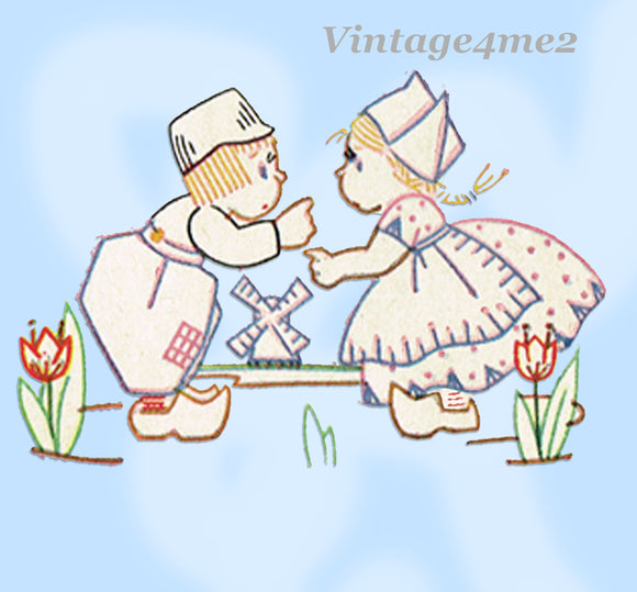 1940s Vintage Simplicity Embroidery Transfer 7147 Uncut Dutch Kids DOW Tea Towels