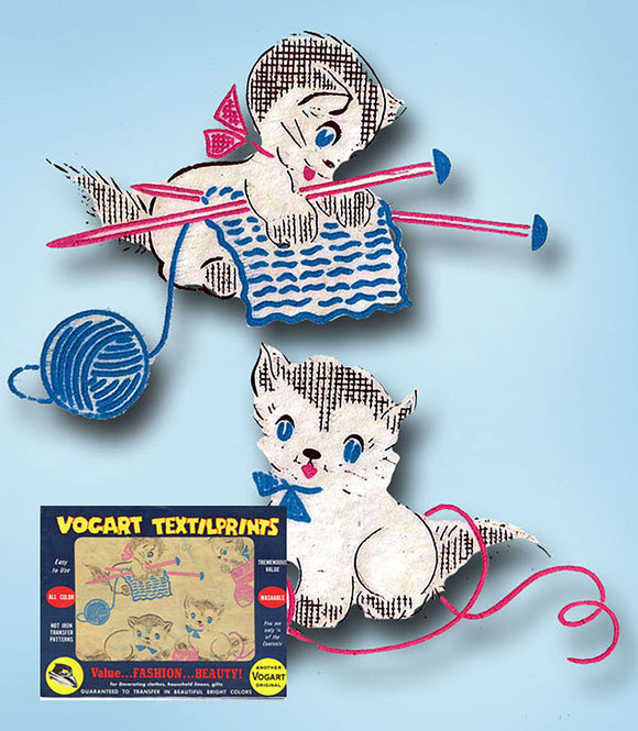 1950s Color Vintage Vogart Textilprint 402 Knitting Kitties  Uncut No Sew Transfer