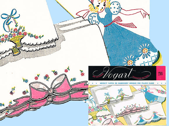 1950s Vintage Vogart Embroidery Transfer 288 Novelty Applique Lady Pillowcase Uncut Factory Folded Vintage4me2