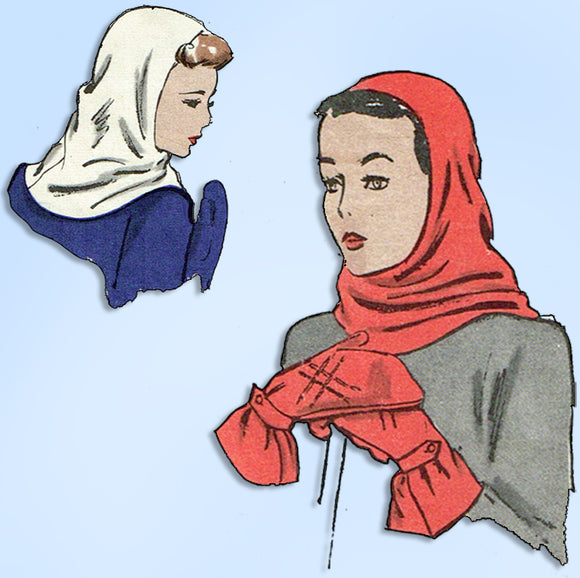 1940s Rare Original Vintage Vogue Pattern 3030 Misses Hood Helmet Hat & Gloves