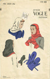 1940s Rare Original Vintage Vogue Pattern 3030 Misses Hood Helmet Hat & Gloves