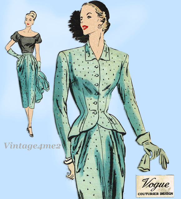 Vogue Couturier 328: 1940s Rare Misses Suit & Blouse 34B Vintage Sewing Pattern