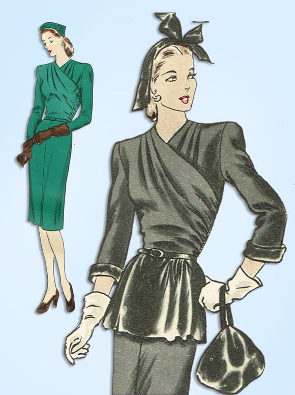 1940s Original Vintage Vogue Sewing Pattern 5256 Misses WWII Dinner Dress Sz 32B
