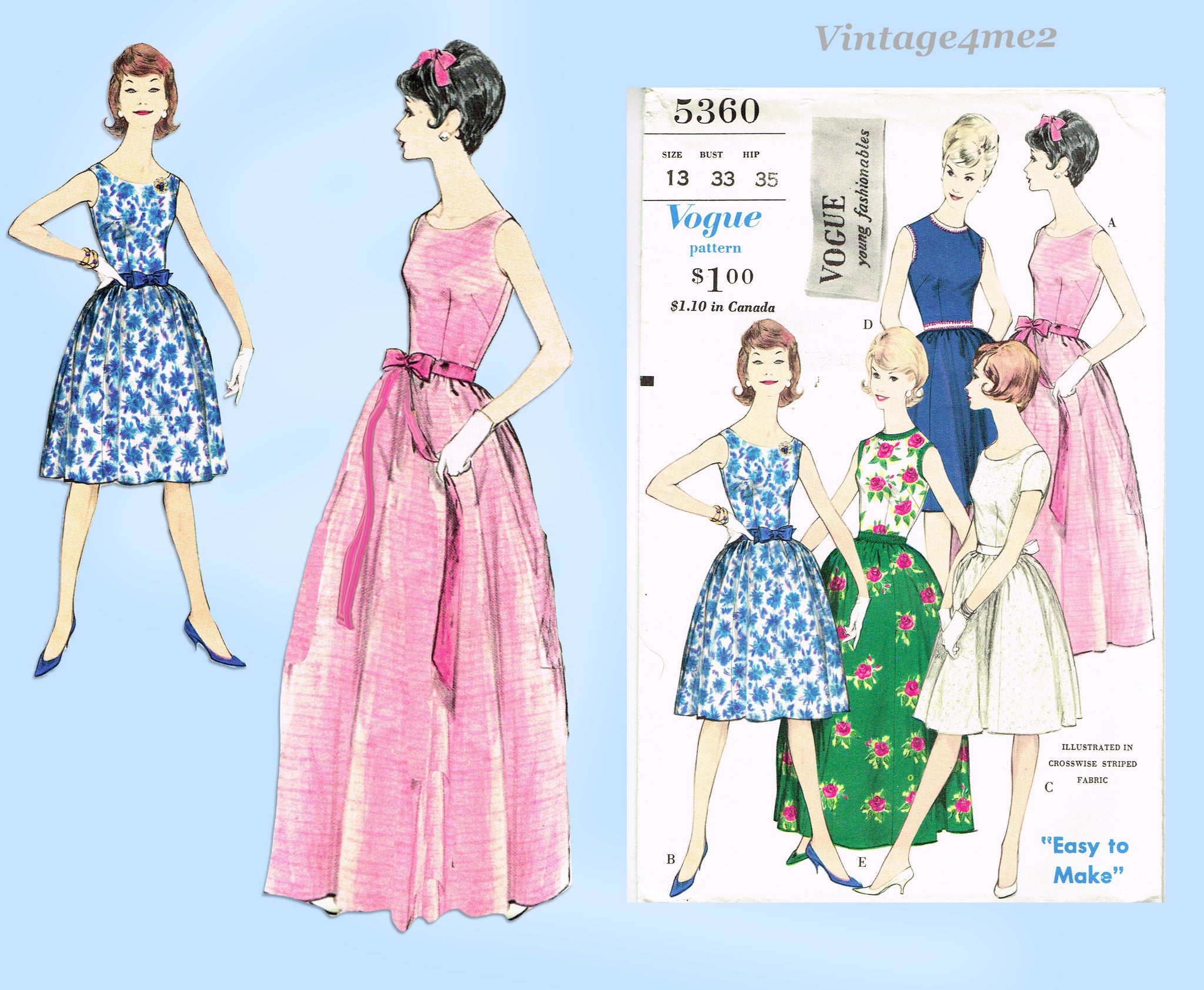 Vogue 5360: 1960s Easy Misses Party or Prom Dress 33B Vintage Sewing P –  Vintage4me2