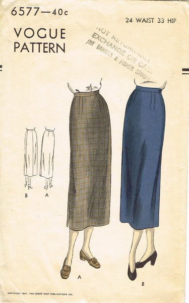 1940s Vintage Vogue Sewing Pattern 6577 Misses Easy Skirt Size 24 Waist