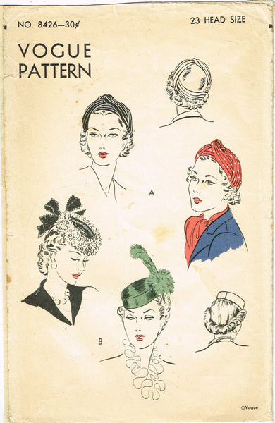 Vogue 8426: 1930s Misses Turban and Hat Set Sz 23" Head Vintage Sewing Pattern