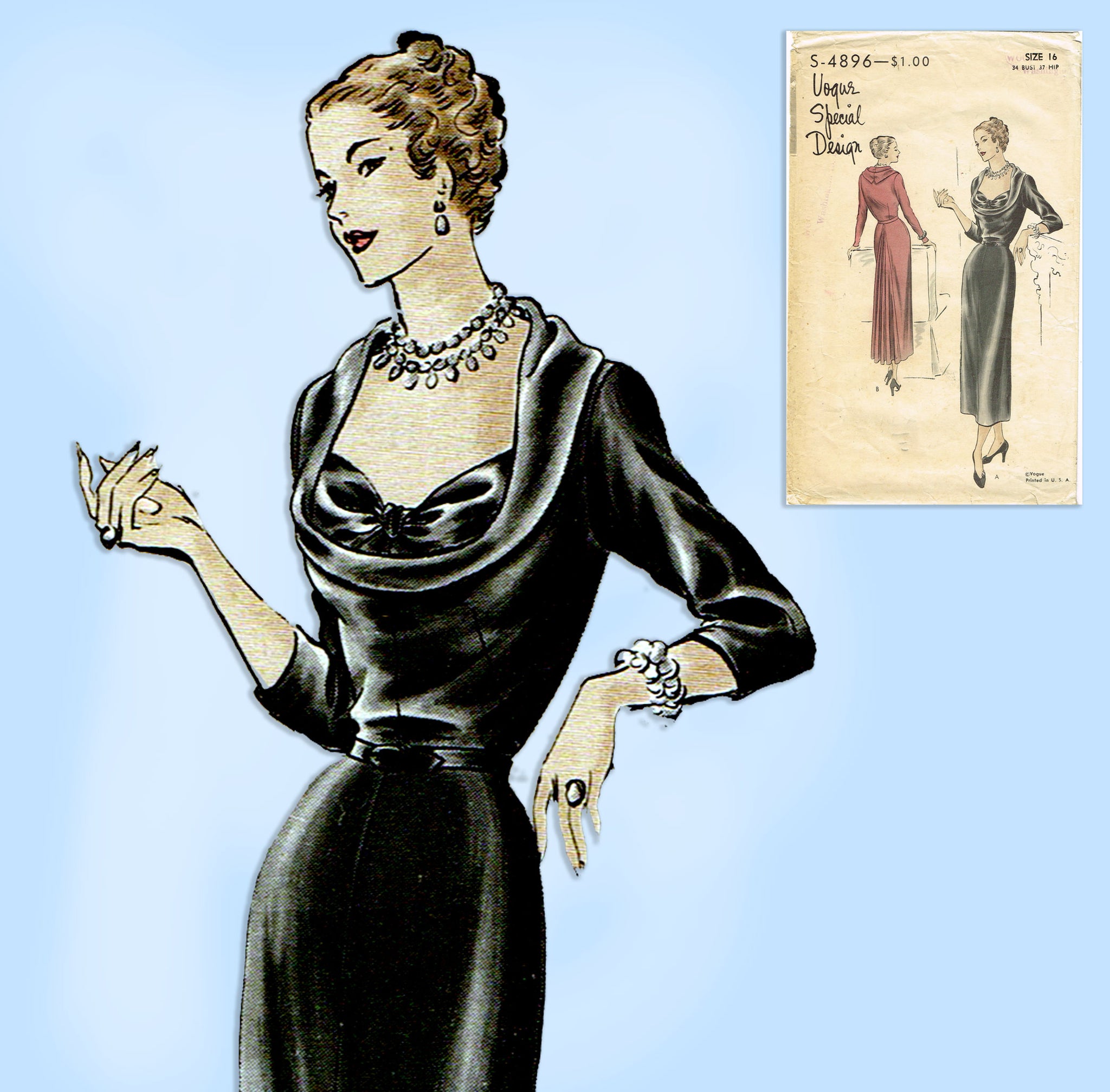 Vogue S-4896: 1940s Glamorous Misses Cocktail Dress 34 B Vintage Sewin –  Vintage4me2