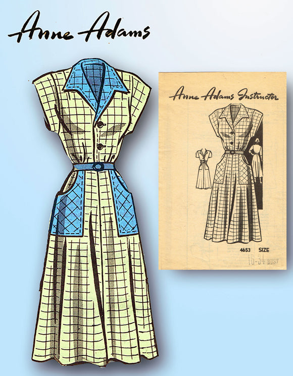1940s Vintage Anne Adams Sewing Pattern 4653 Misses Shirtwaist Dress Size 16