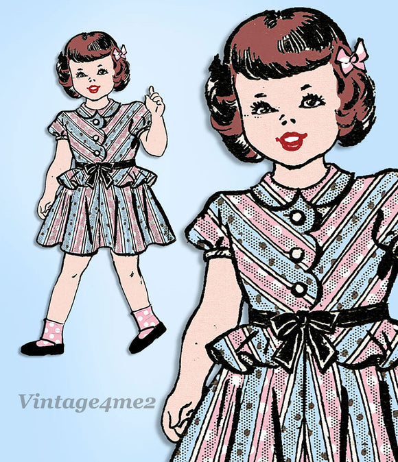 1940s Vintage Anne Adams Sewing Pattern 4993 Toddler Girls Peplum Dress Size 4