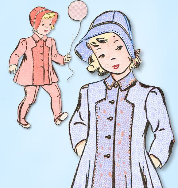 1940s Vintage Advance Sewing Pattern 2571 WWII Toddler Girls Coat & Bonnet Sz 4