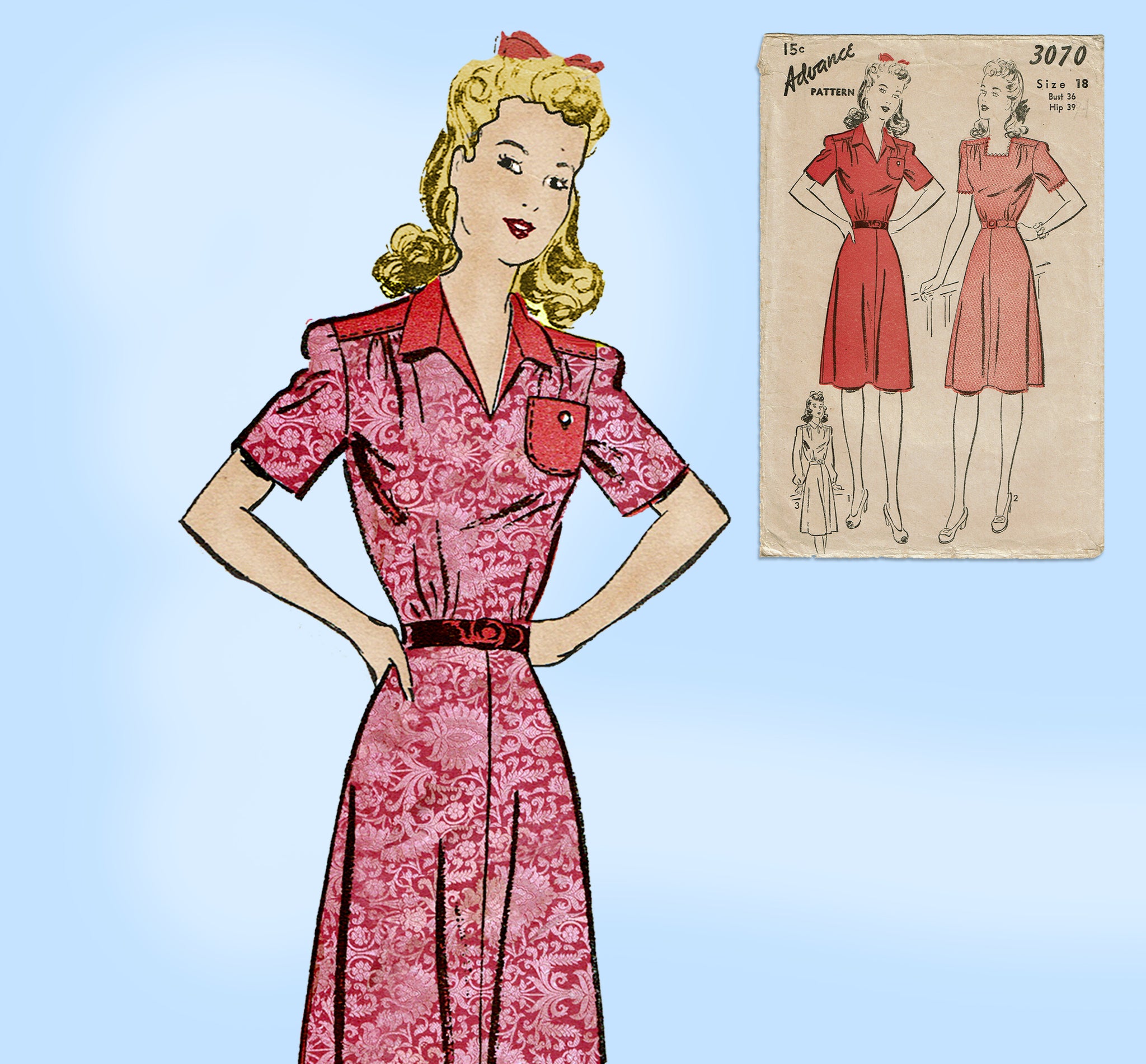 Advance 3070: 1940s WWII Day Dress Size 36 Bust Vintage