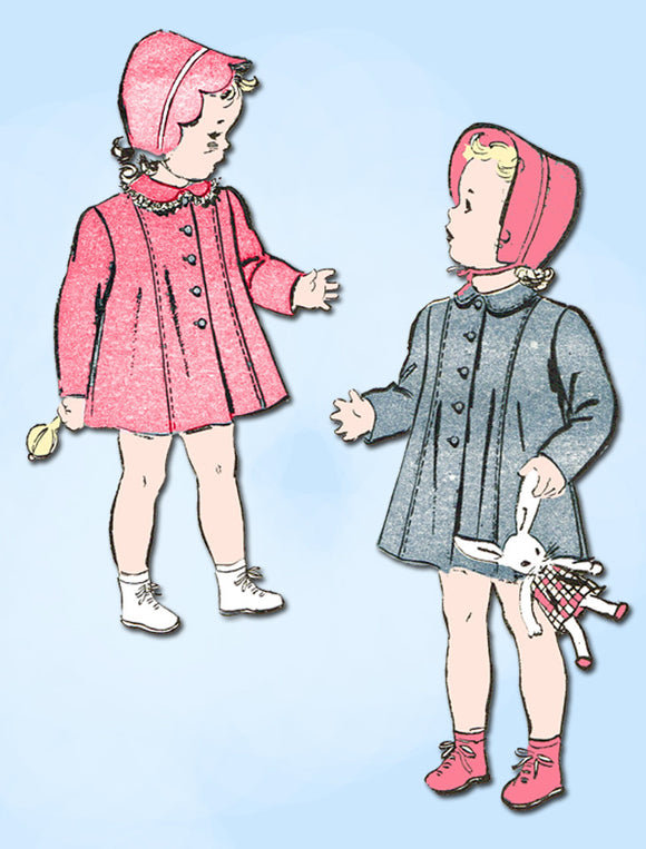 1940s Vintage Advance Sewing Pattern 3412 FF Baby Girls WWII Coat & Bonnet Sz 1 - Vintage4me2