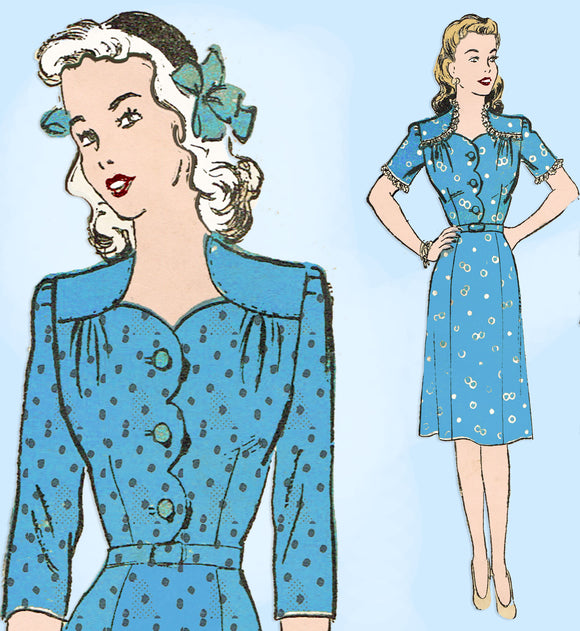 1940s Vintage Advance Sewing Pattern 3666 Plus Size WWII Scalloped Dress 42 Bust -Vintage4me2