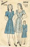 1940s Vintage Advance Sewing Pattern 3866 Misses WWII Shirtwaist Dress Size 38 B -Vintage4me2
