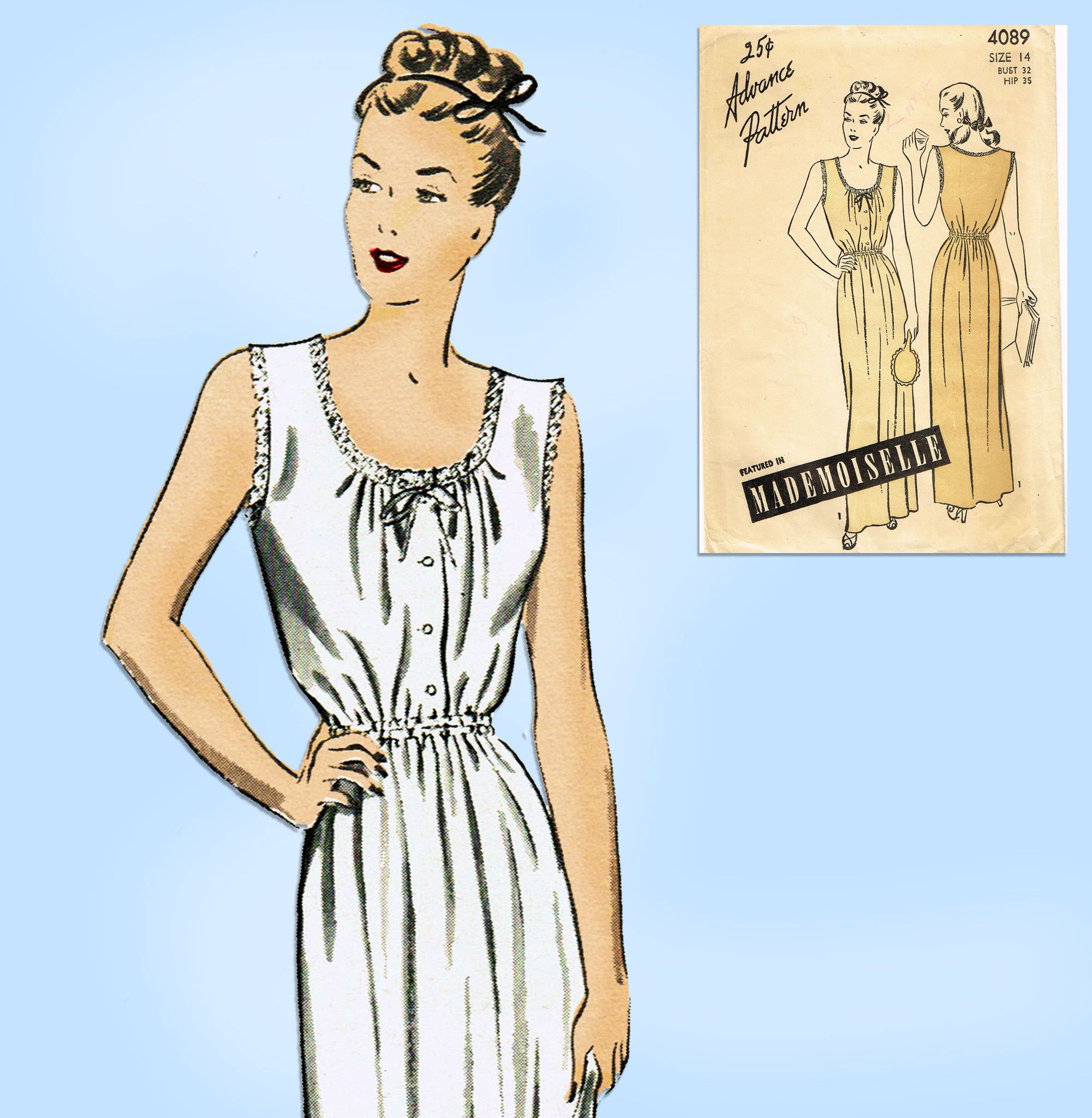 Simplicity Pattern 4089 1940s Vintage Advance Sewing Pattern 4089 Easy Misses Nightgown 32 B ...